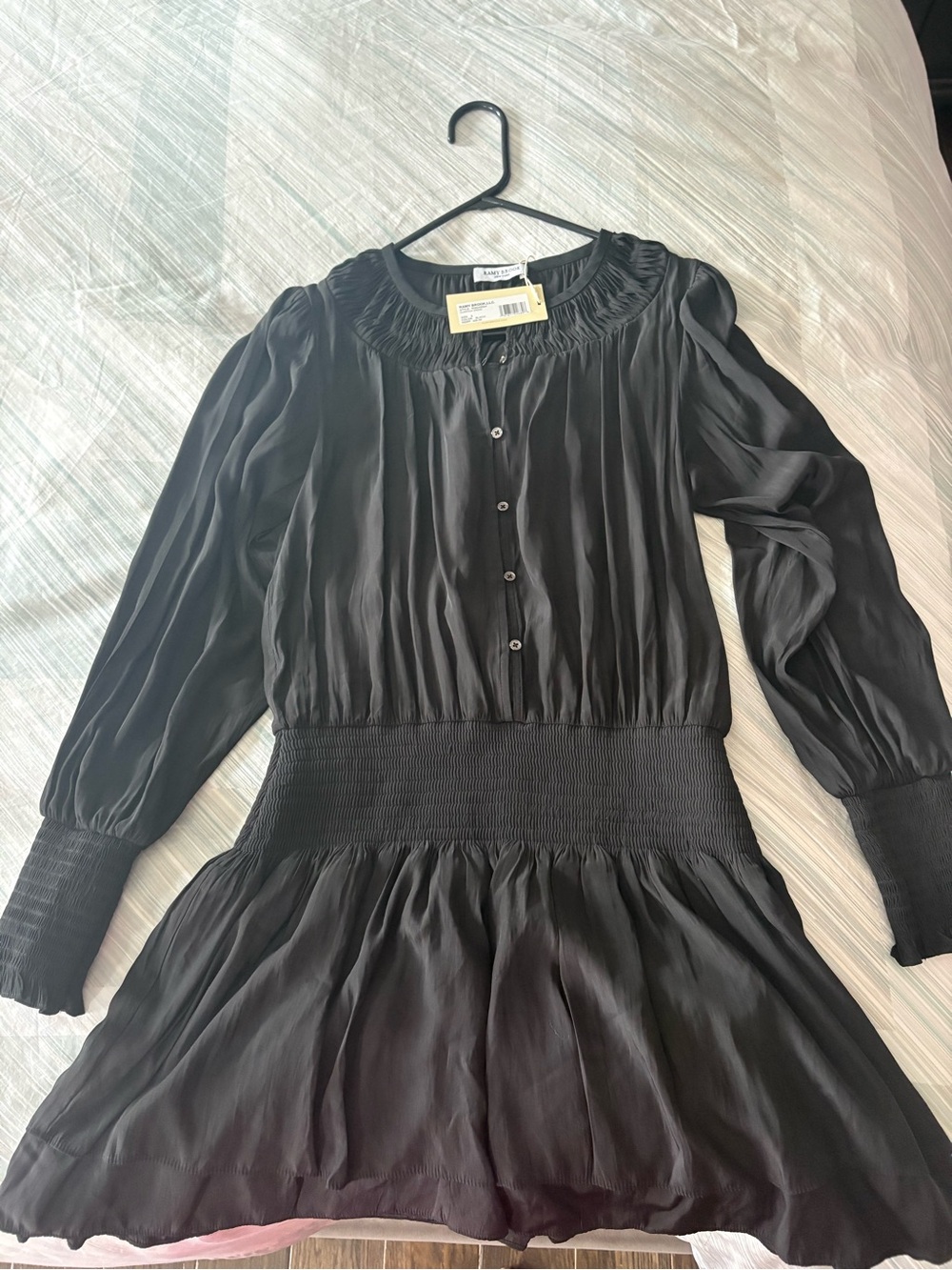 Ramy Brook Black Long-Sleeve Smocked-Waist Button Dress